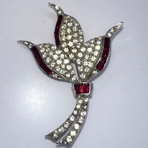Pell vintage silver tone red baguettes clear rhinestones floral bouquet brooch